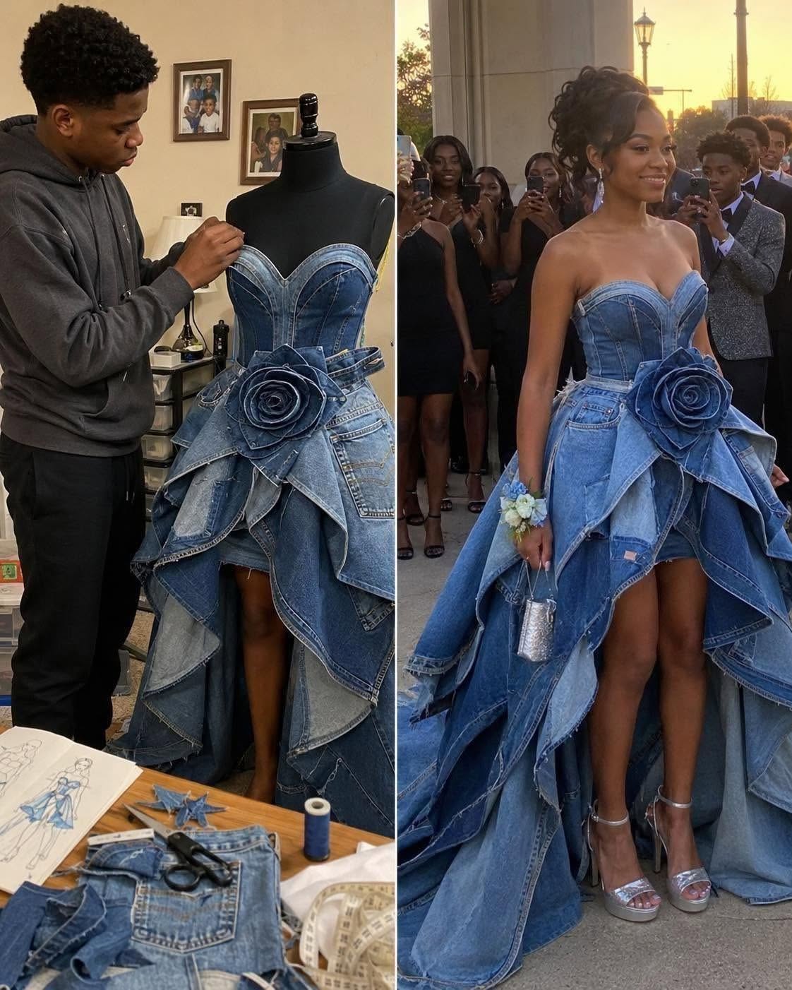 My Stepmom Laughed at the Prom Dress My Brother Sewed From Our Late Mom’s Jeans — By the End of the Night, the Whole School Knew the