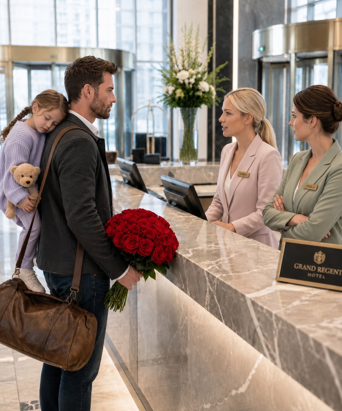 A widowed father was turned away at his own hotel with his sleeping daughter in his arms… but by the time the staff realized who he truly was, it was already too late.