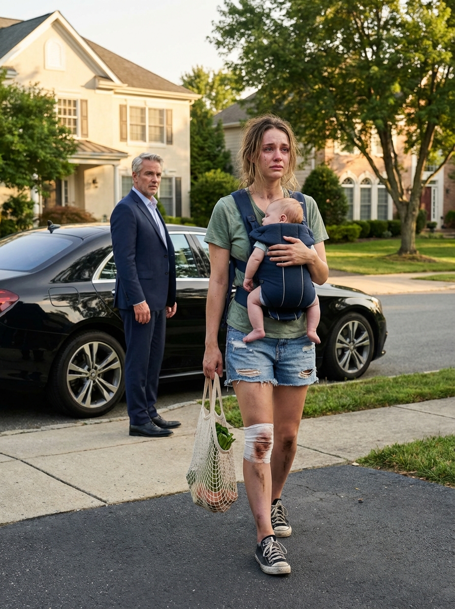 “Where is your car?” My father’s voice was like ice as he stared at my swollen, purple ankle and the heavy grocery bags I was dragging while clutching my baby. I whispered the truth—that my mother
